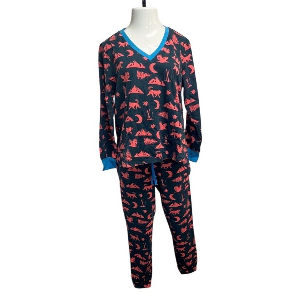 Anorak Pajama Set Womens Medium Navy Coral New Wilderness Print V-Neck Joggers